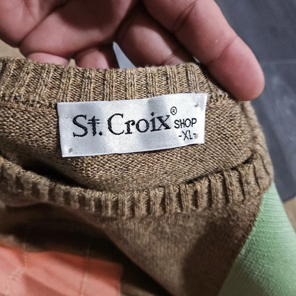 VTG St Croix Shop Knit Sweater Men‎ XL Tan Geometric Tennis Golf Preppy US Made